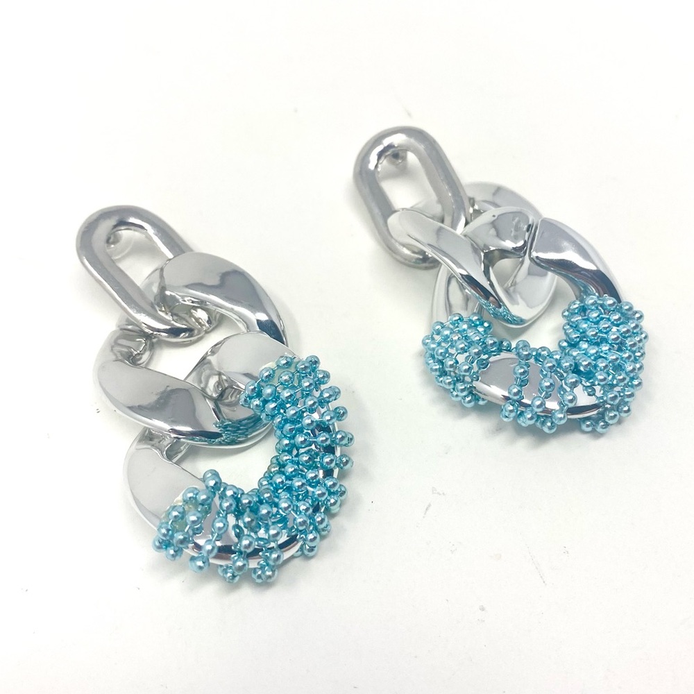 New Free People Chain Link Drop Bedazzle Earrings Post Silver Blue